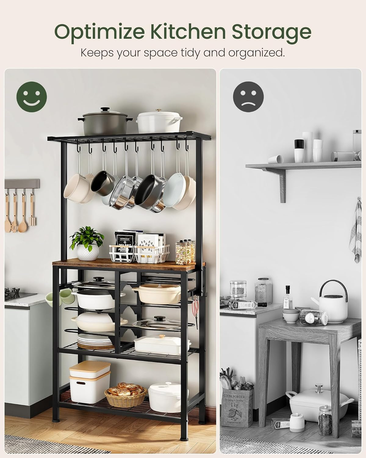 Pots and Pans Organizer Rack, Kitchen Bakers Rack, Multi-Tier Storage Shelf, Kitchen Island Table, Cooking Rack with Pots and Pans Storage, Rustic Brown and Black TPR60BF