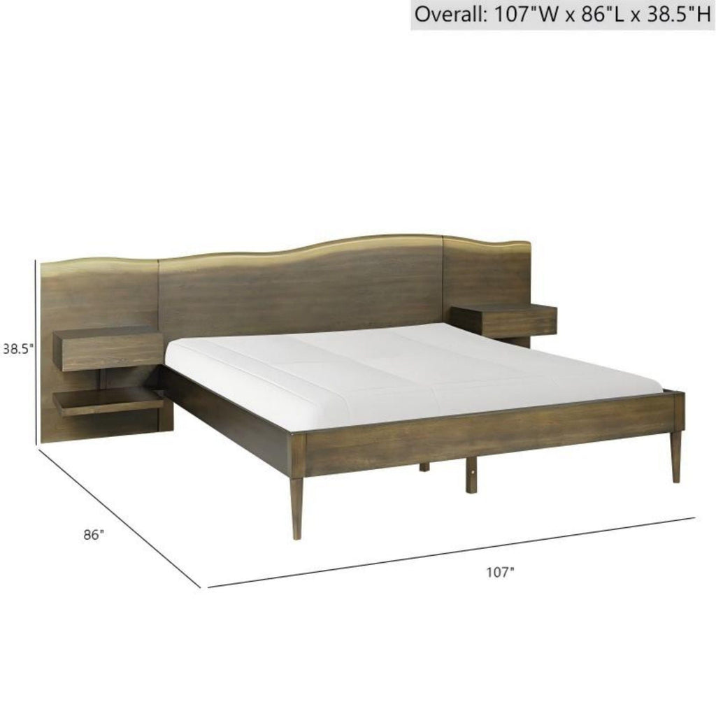 Queen Size Platform Bed Frame With Live Edge Headboard, Built In Nightstands - Dark Brown