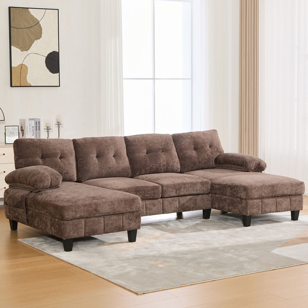 U-Shaped Sectional Sofa 103.5" Fabric Couch With Dual Chaise Lounges, Storage Pockets, Armrest Pillows
