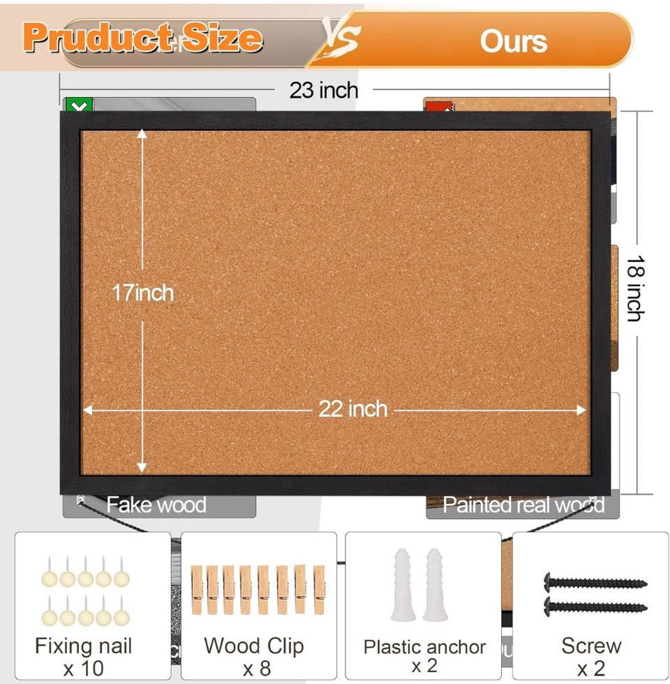 Open Box Miratino Cork Board Bulletin Board, 23x18 Inches Wooden Frame Pin Board, Cute Cork Boards for Walls Hanging for Office, Home Decor, School (P