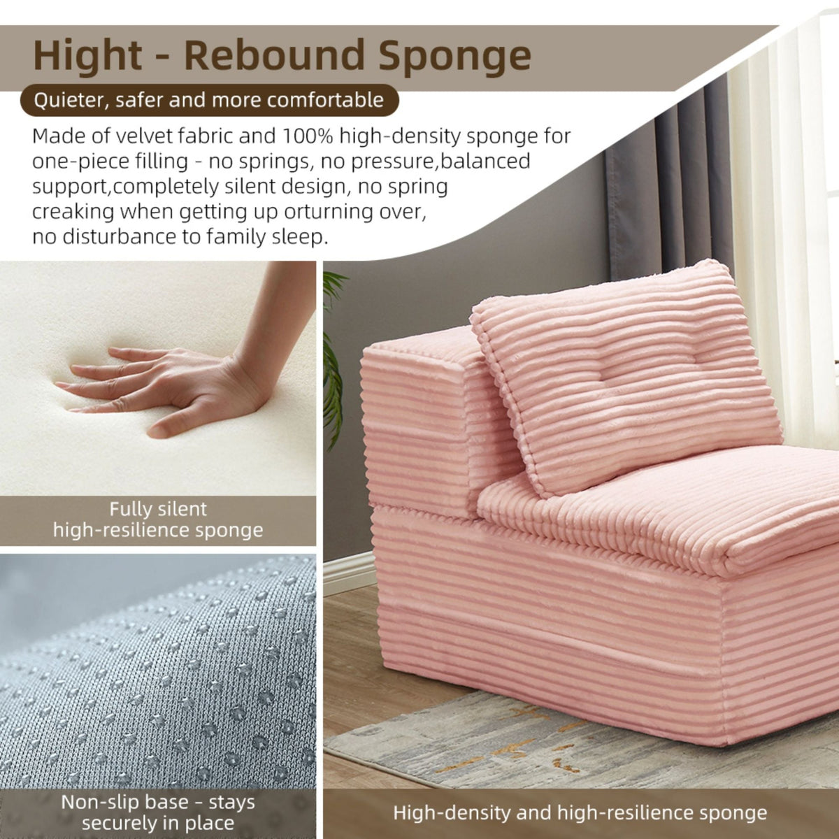 Multi Functional Sectional Sofa Bed With Independent Chaise Lounge And Functional Blanket, Convertible King Size Bed, Deep Seat - Baby Pink