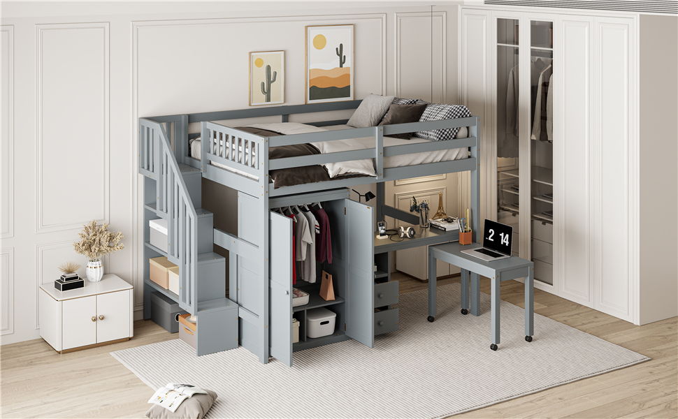 Loft Bed With Stairs, Bookshelf, Drawers, Desk & Wardrobe, Space Saving Multifunctional Furniture
