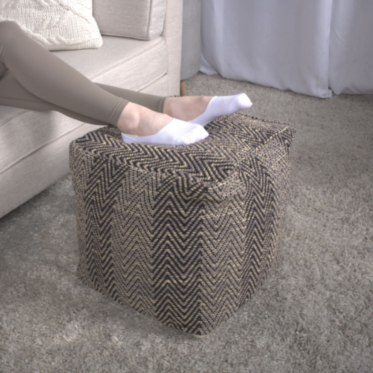 Barracuda - Handcrafted Cotton Pouf With Chevron Pattern - Brown / Beige