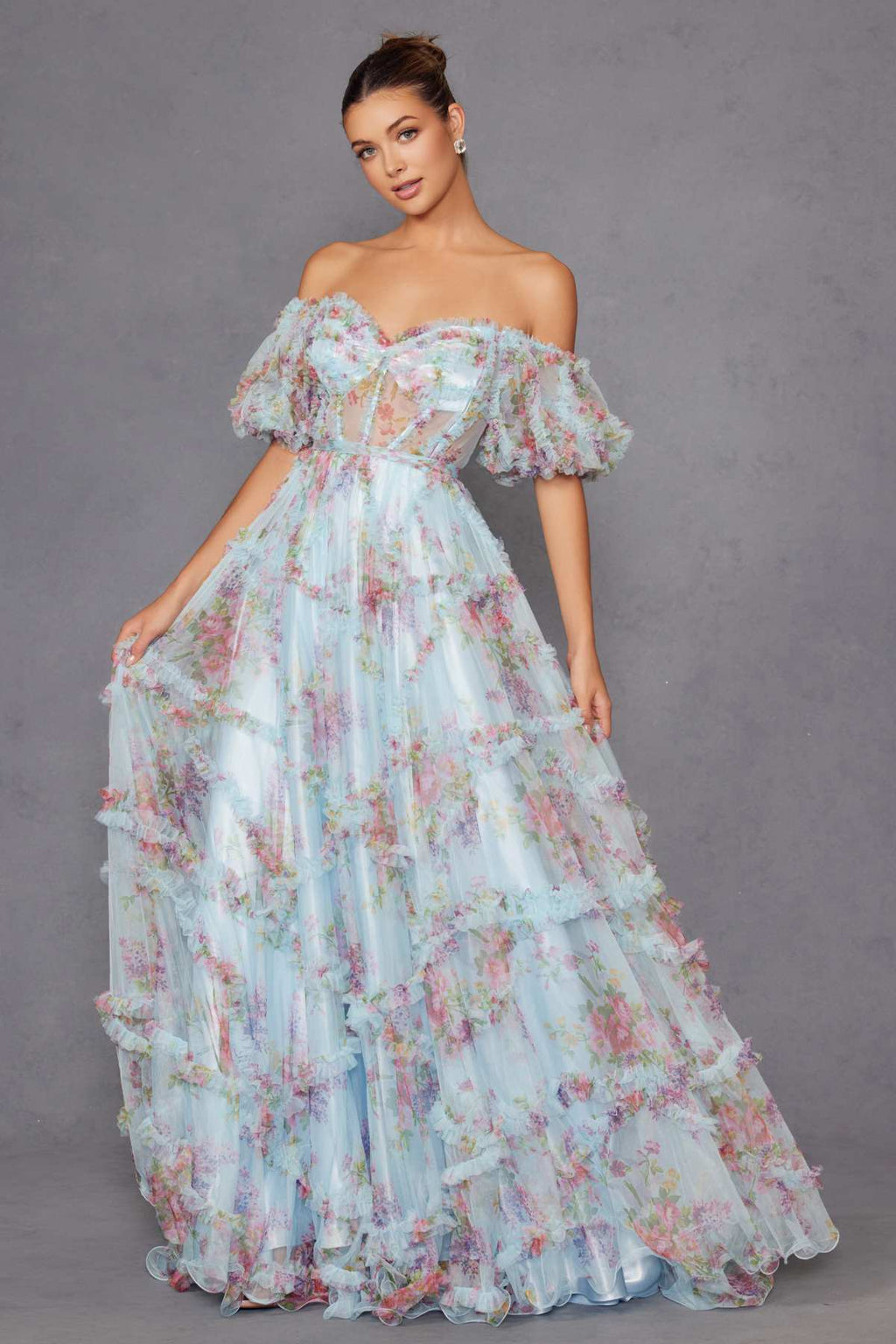 Juliet JT2887C Whimsy Sweetheart Off Shoulder Ruffled A-Line Print Gown
