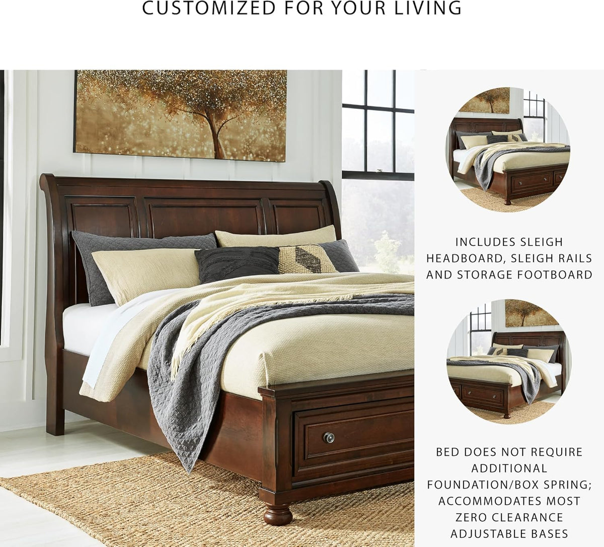 Signature Design by Ashley Porter Traditional 2-Drawer King Sleigh Storage Bed with Bun Feet, Foundation or Box Spring Not Needed, Dark Brown