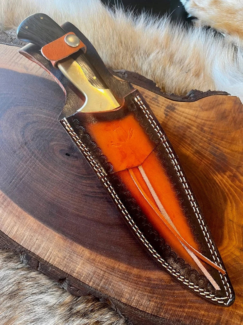 Custom Handmade Damascus Steel Bowie Knife with Wenge Wood and Brass Bolster Handle