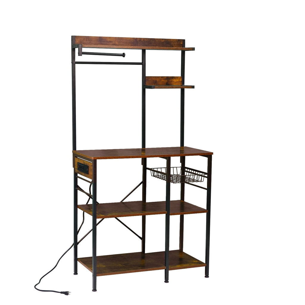 Bakers Rack With Power Outlet, Coffee Bar With S-Shaped Hooks, Kitchen Shelf With Wire Basket - Black / Brown
