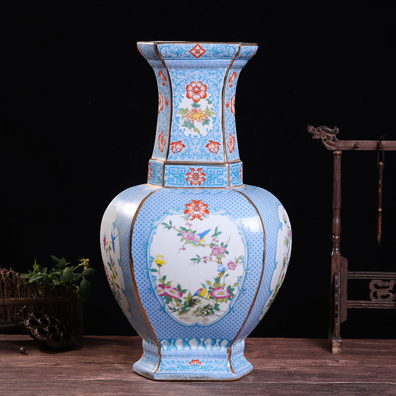 Hexagonal Enamel Porcelain Vase With Design Of Flowers And Birds