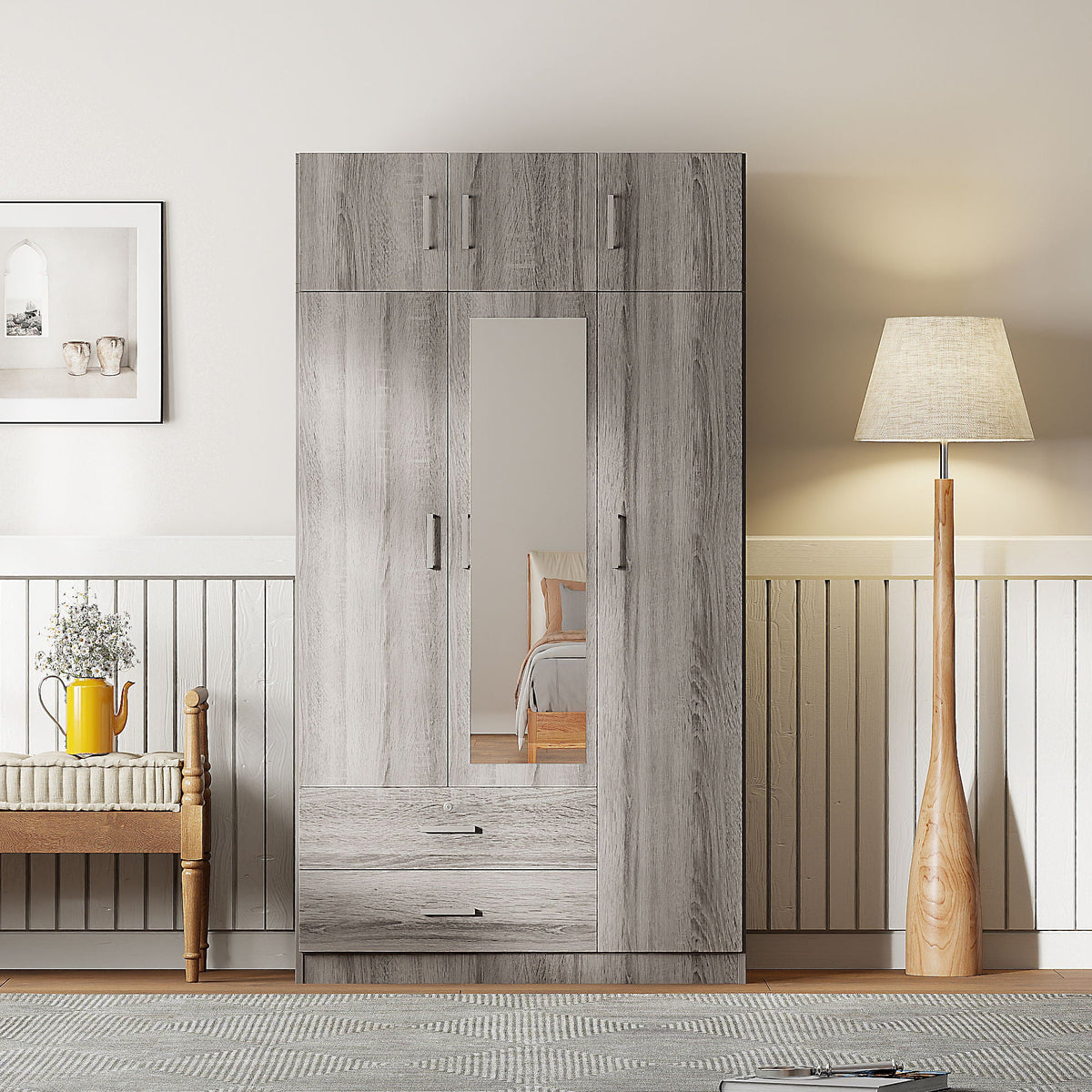 Modern 3 Door Mirror Wardrobe With 2 Drawers And Top Cabinet