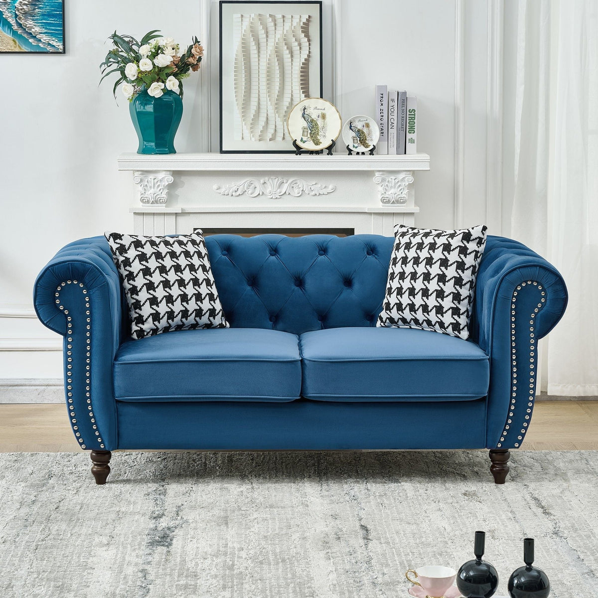 Chesterfield Fabric Sofa With Roll Armrest And Nailhead, Mid Century 2 Seater Couch In