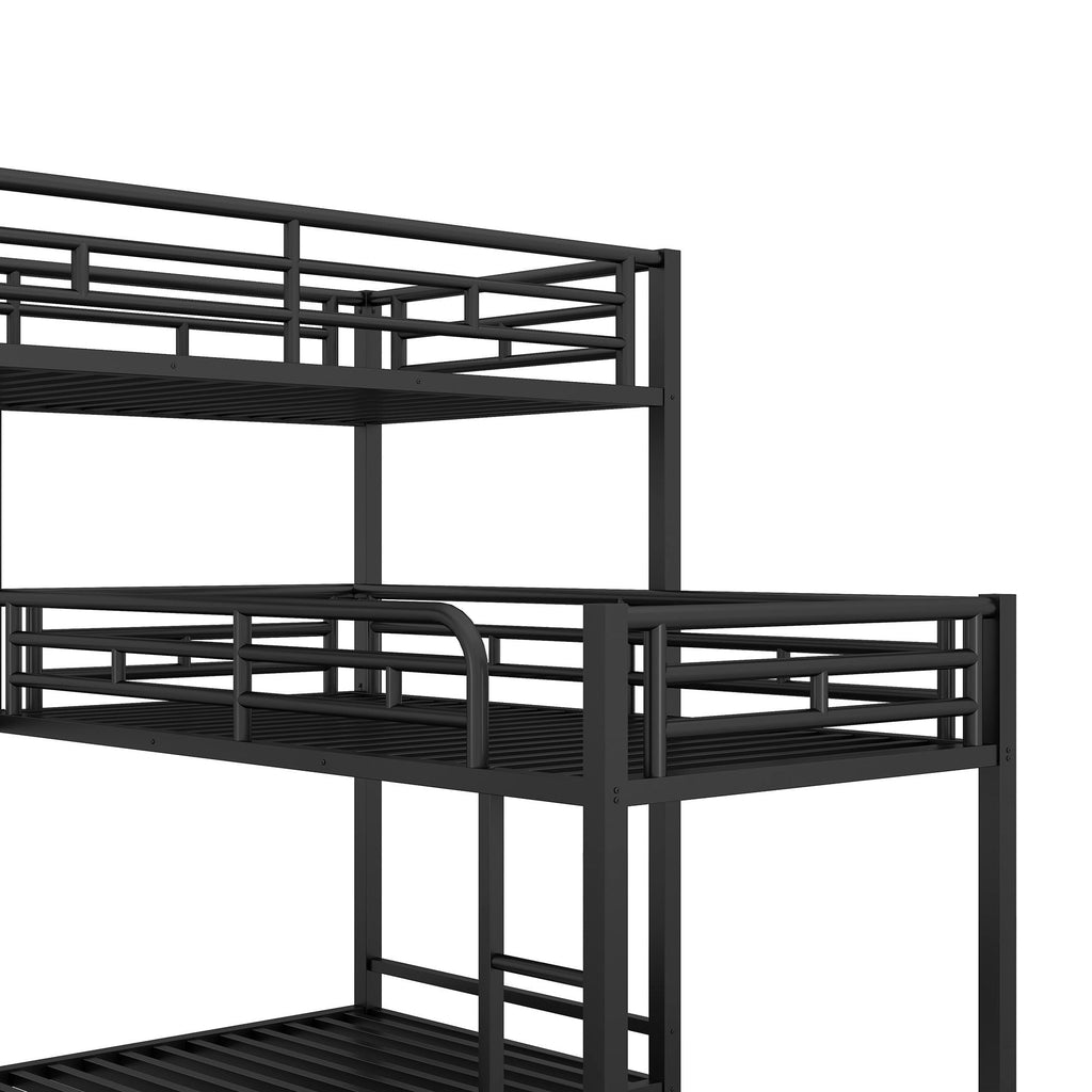 L-Shaped Triple Twin Size Bunk Bed, Industrial Design With Integrated Ladder And Full Length Guardrails - Black