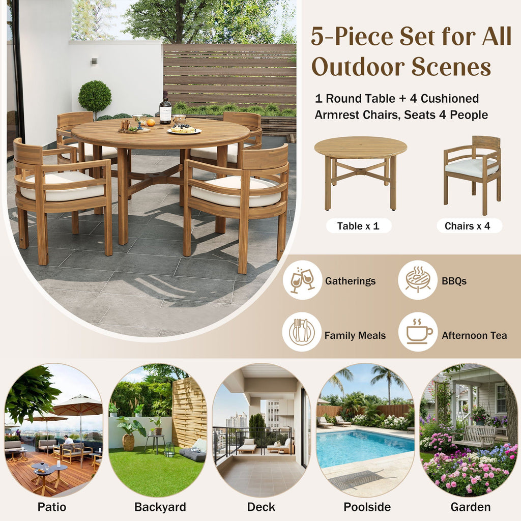 5 Piece Round Patio Table & Cushioned Armrest Chairs, Outdoor Dining Set With Umbrella Hole