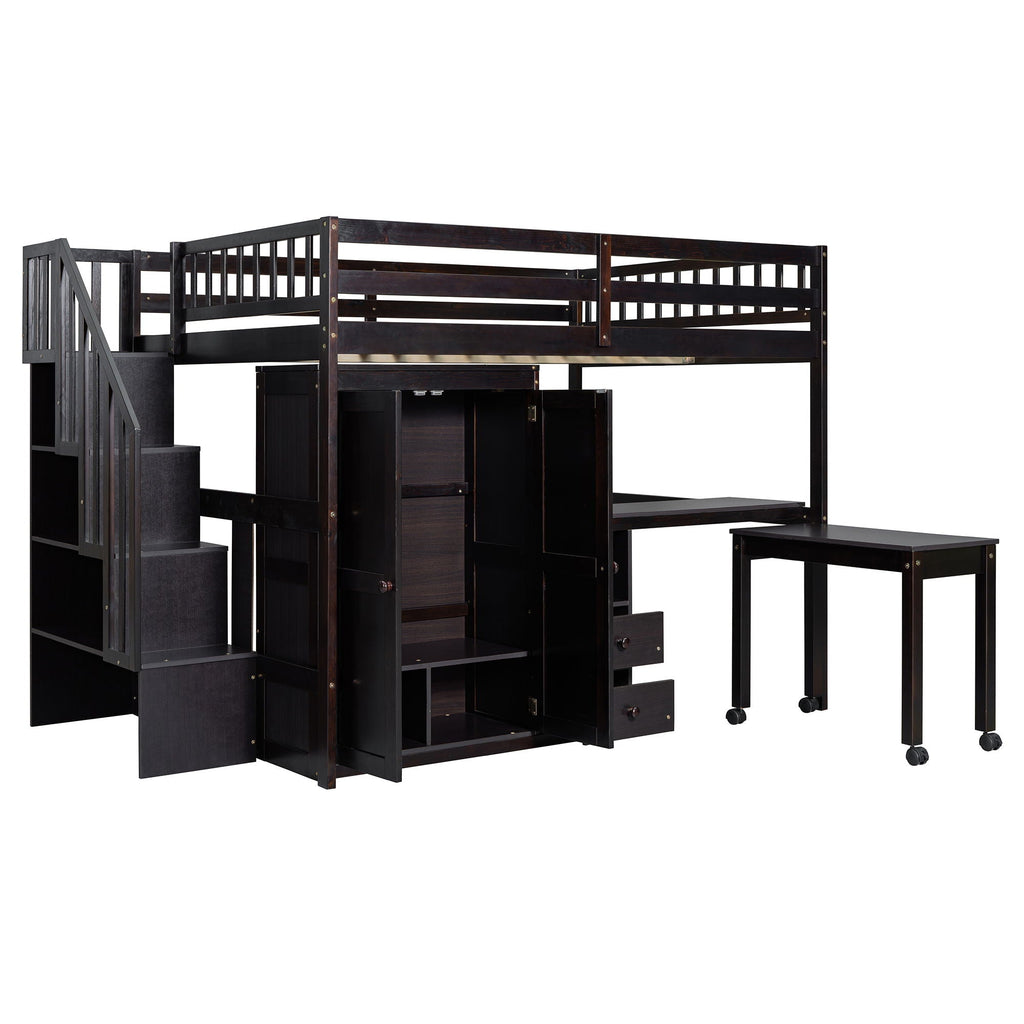 Loft Bed With Stairs, Bookshelf, Drawers, Desk & Wardrobe, Space Saving Multifunctional Furniture