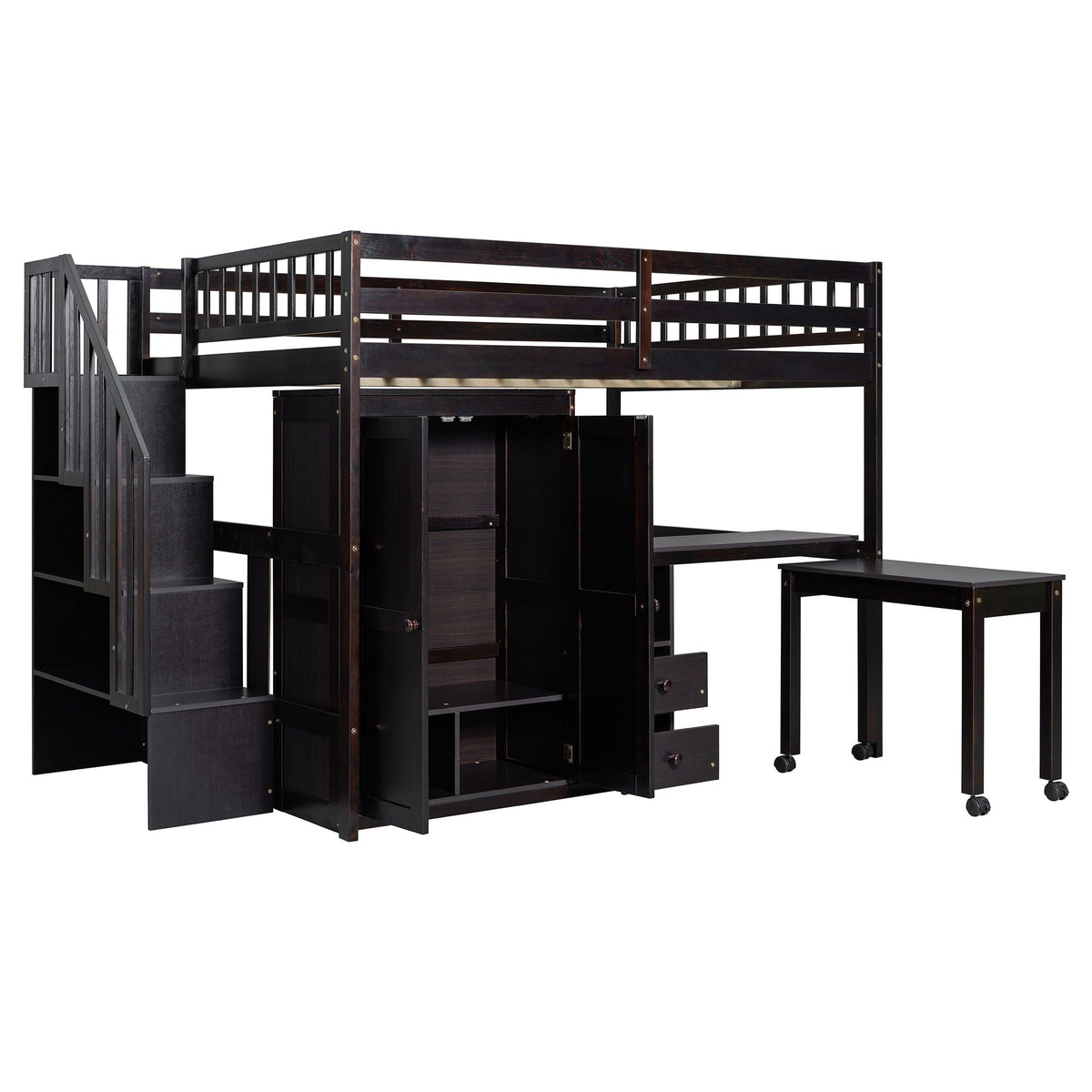 Loft Bed With Stairs, Bookshelf, Drawers, Desk & Wardrobe, Space Saving Multifunctional Furniture