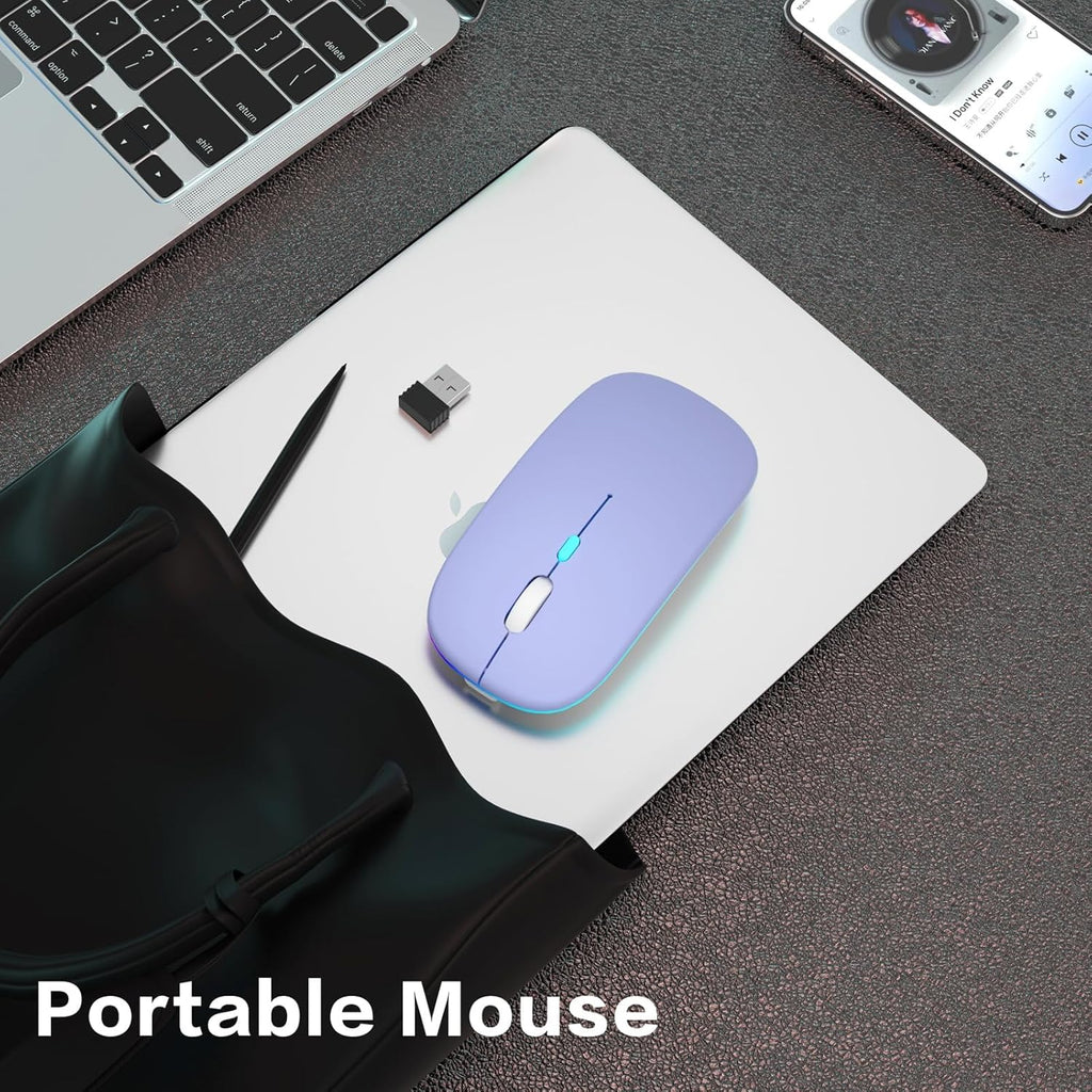 Wireless Bluetooth Mouse, Rechargeable, Dual Mode Bluetooth 5.2 & 2.4G USB, LED Lights, Slim, Silent, Portable Computer Mouse for Laptop, PC, Macbook, Ipad, Tablet (Purple)