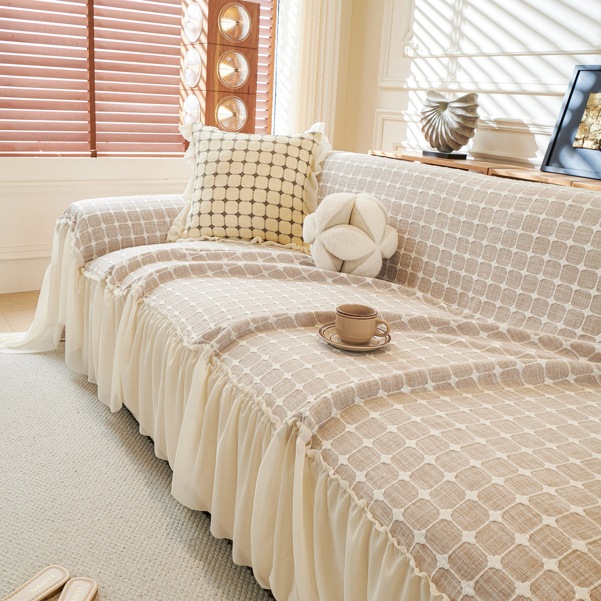 Grid Textured Sofa Cover with Sheer Ruffle Skirt, Pet-Friendly Sofa Throw Slipcover