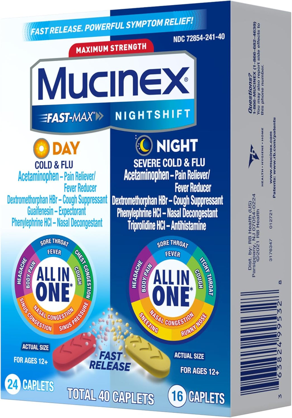 Fast-Max Day Cold and Flu & Nightshift Night Severe Cold and Flu Medicine for Adults, Day/Night Combo Pack for Fever, Sore Throat Relief, Decongestant, Cough & Cold Medicines, 40 Caplets