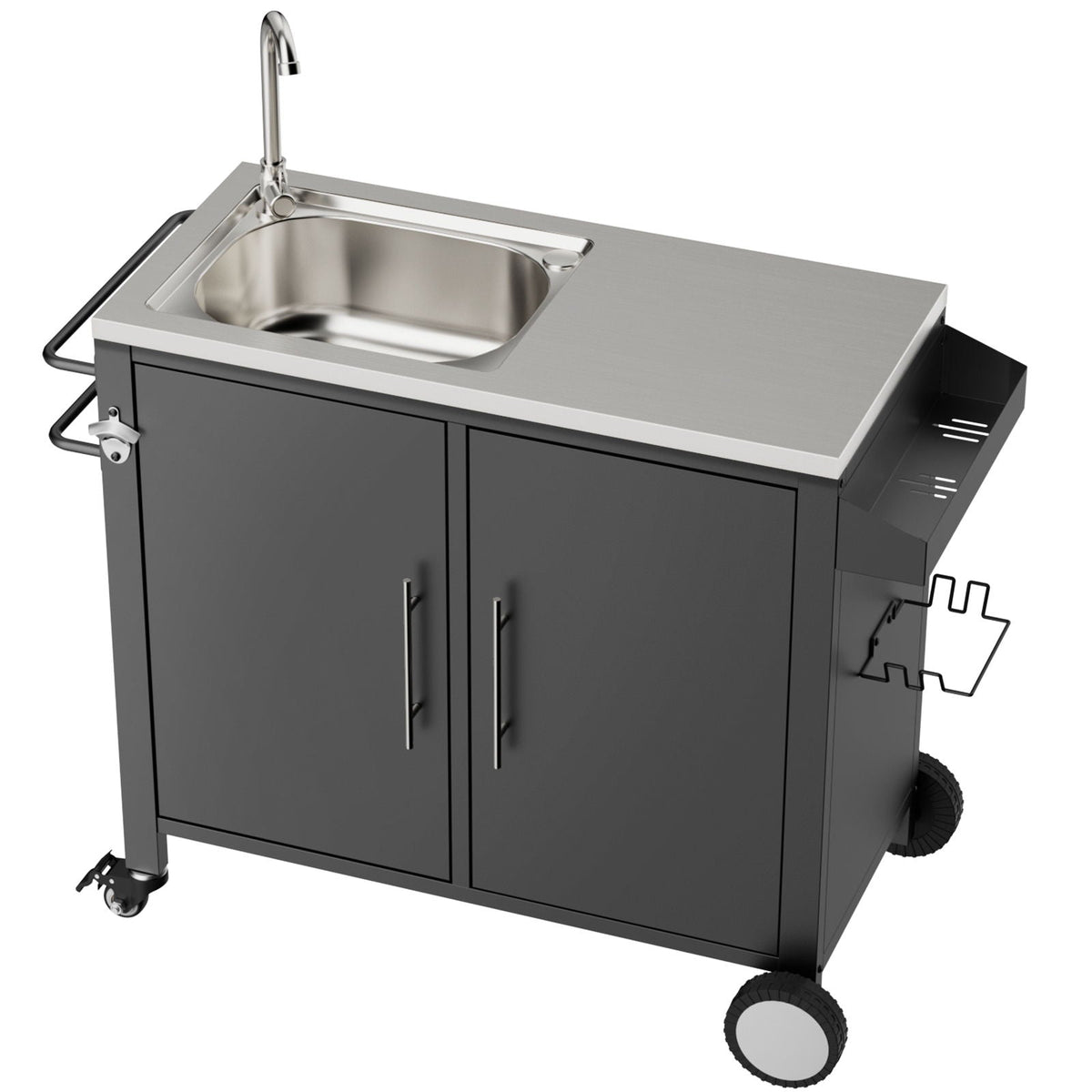 Outdoor Grill Cart With 304 Stainless Steel Sink And Cabinet - Black / Silver
