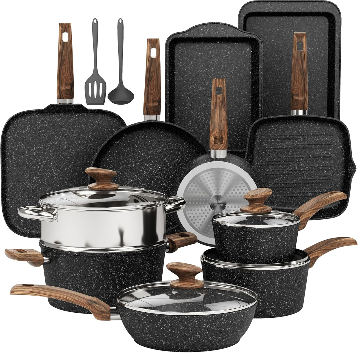 17 Piece Pots and Pans Set Non Stick, Nonstick Induction Granite Kitchen Cookware Set, Non Toxic Cookware Set with Frying Pans and Saucepan, Cooking Sets Pots and Pans, Black
