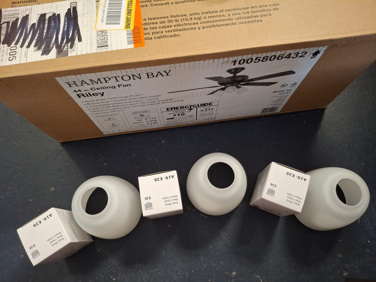 Open Box Hampton Bay Riley 44 in. Indoor LED Bronze Dry Rated Downrod Ceiling Fan with 5 Reversible Blades, Light Kit and Remote Control