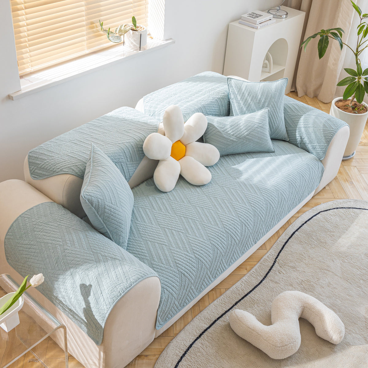 Quilted Geometric Cotton Sofa Cover, Non-Slip & Thick Padded Furniture Covers