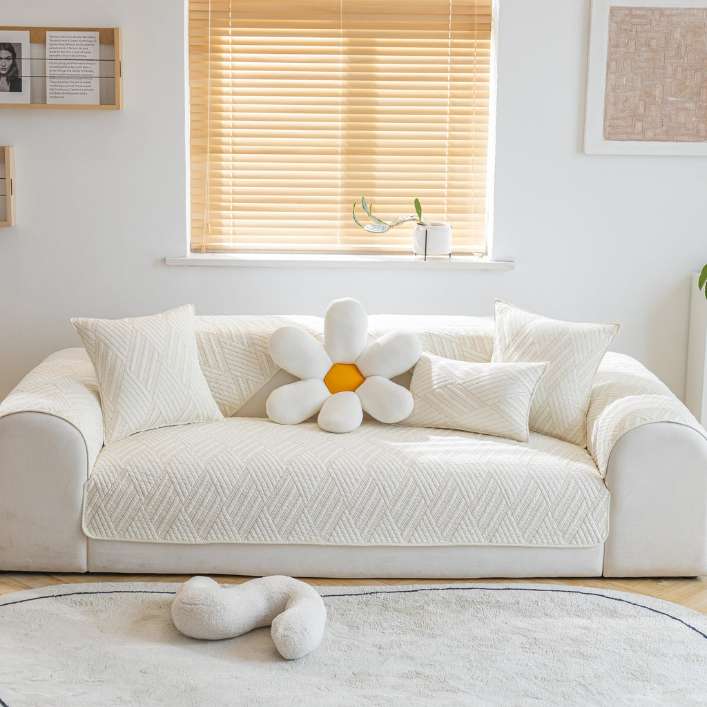 Quilted Geometric Cotton Sofa Cover, Non-Slip & Thick Padded Furniture Covers