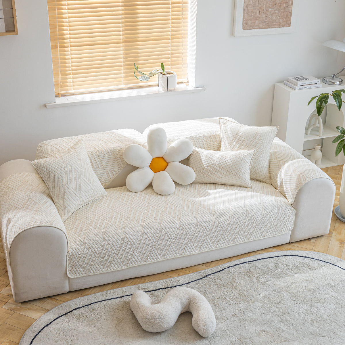 Quilted Geometric Cotton Sofa Cover, Non-Slip & Thick Padded Furniture Covers