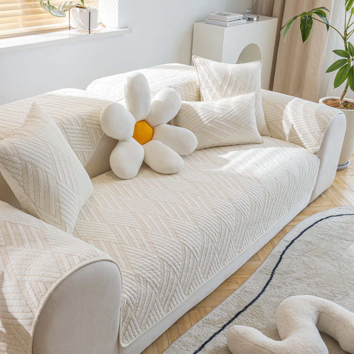 Quilted Geometric Cotton Sofa Cover, Non-Slip & Thick Padded Furniture Covers