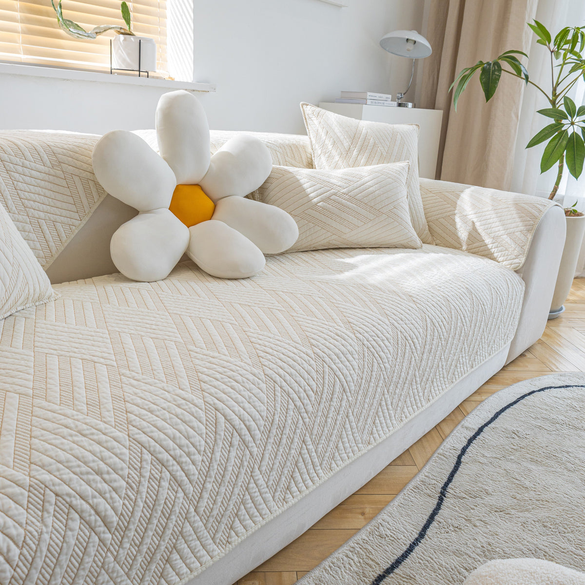 Quilted Geometric Cotton Sofa Cover, Non-Slip & Thick Padded Furniture Covers