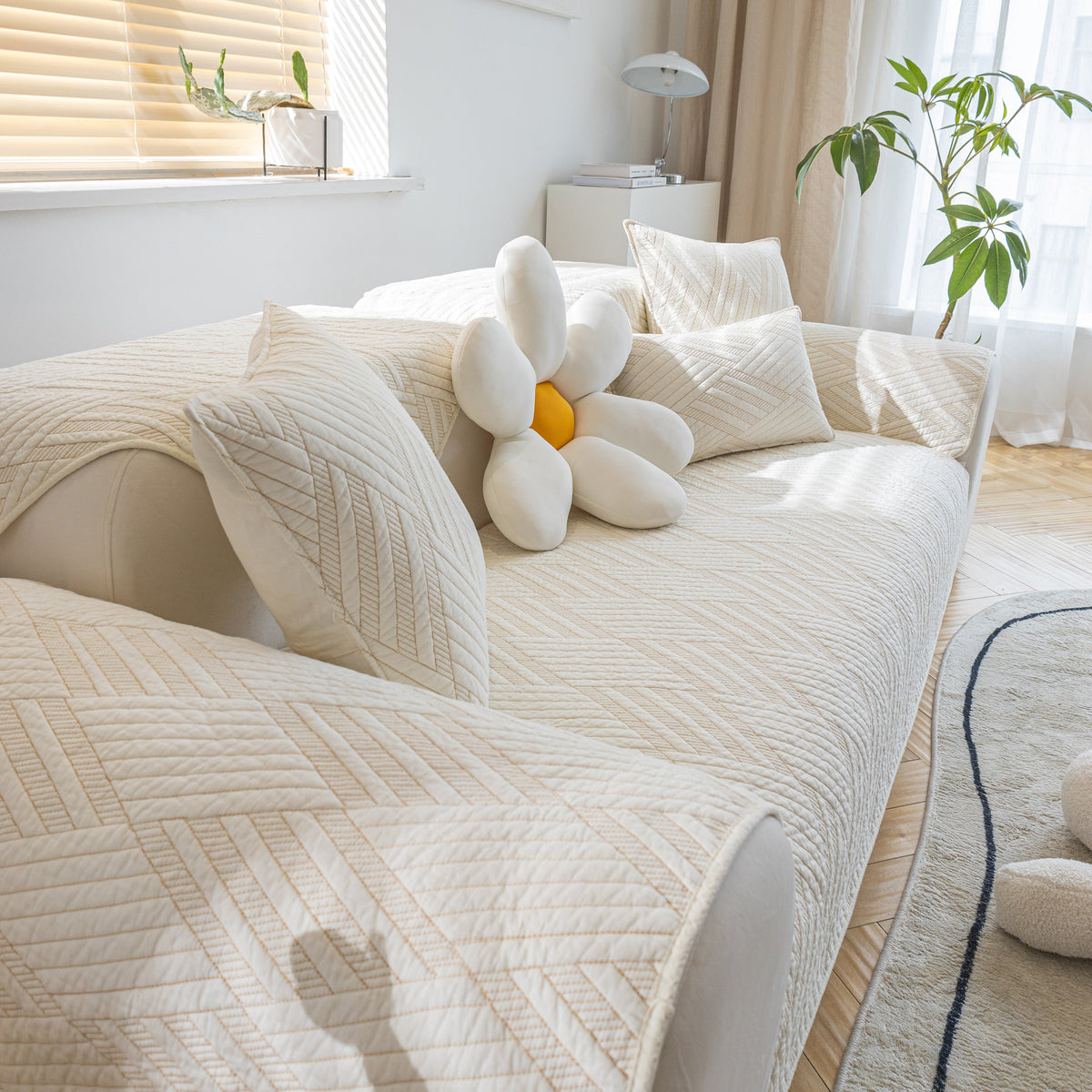 Quilted Geometric Cotton Sofa Cover, Non-Slip & Thick Padded Furniture Covers