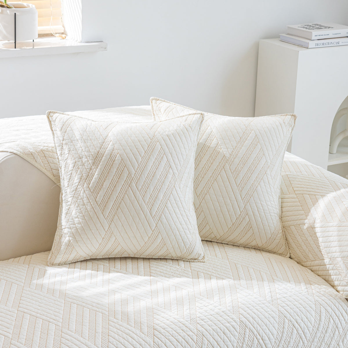 Quilted Geometric Cotton Sofa Cover, Non-Slip & Thick Padded Furniture Covers