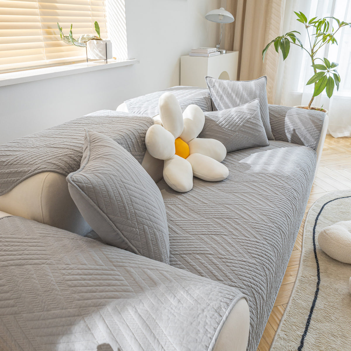 Quilted Geometric Cotton Sofa Cover, Non-Slip & Thick Padded Furniture Covers