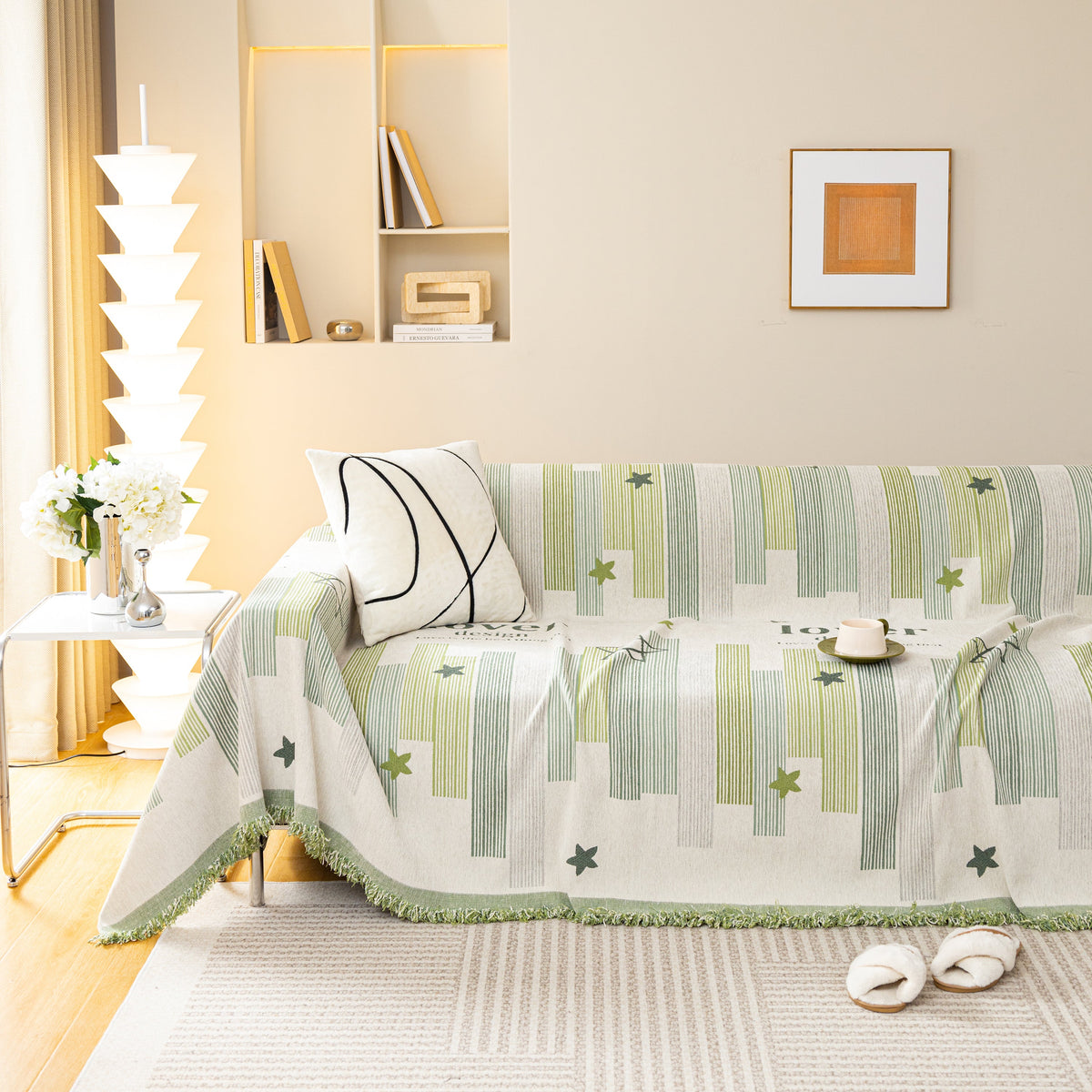 Geometric Chenille Sofa Throw Cover, Breathable Couch Protector with Tassel Fringe