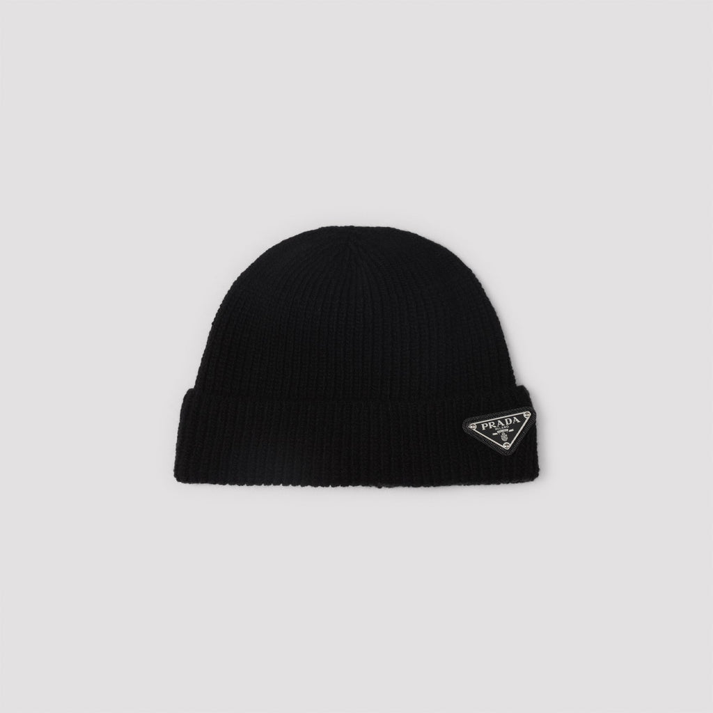PRADA Ribbed Wool and Cashmere Beanie with Triangle Logo