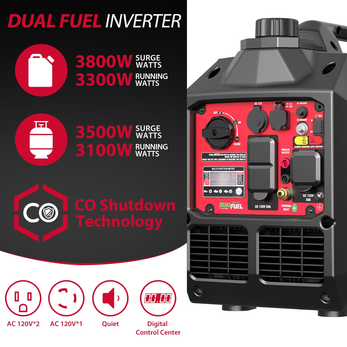 3800W/3500W Gas/Propane Dual Fuel Inverter Generator w/ CO Alert HB5040DC
