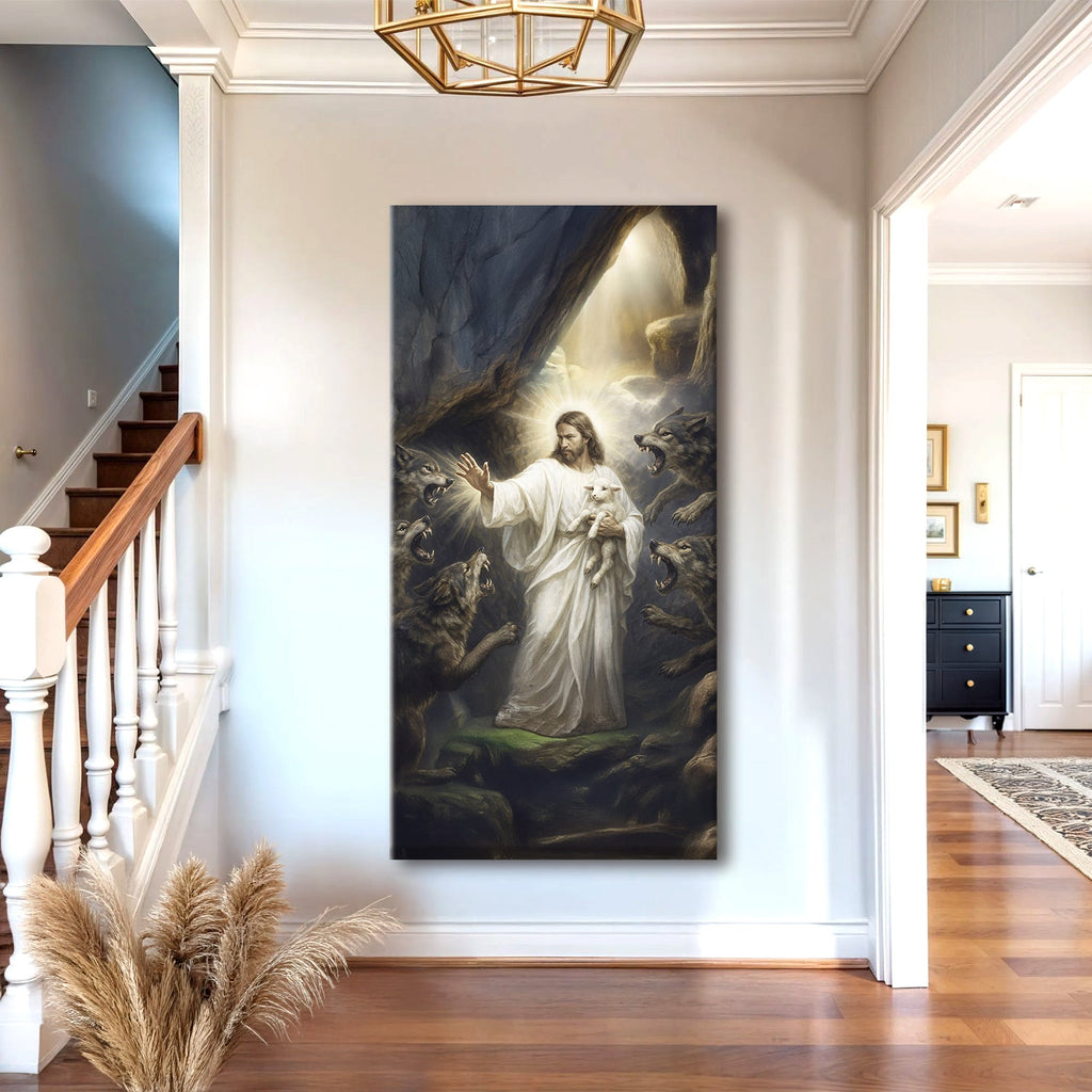 Jesus Protects The Lamb From Wolves Faith Wall Art XV