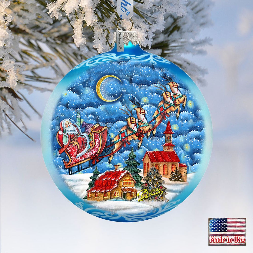 Sleighing in the Night Skies Glass Ornament Limited Edition by G. DeBrekht - Christmas Santa Snowman Decor - 73904