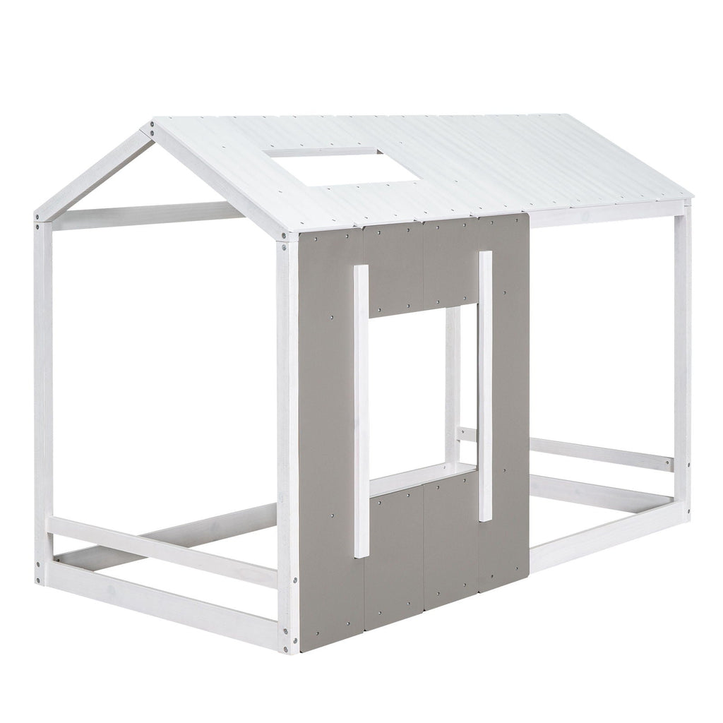Twin Size House Platform Bed With Roof And Window - Natural / White