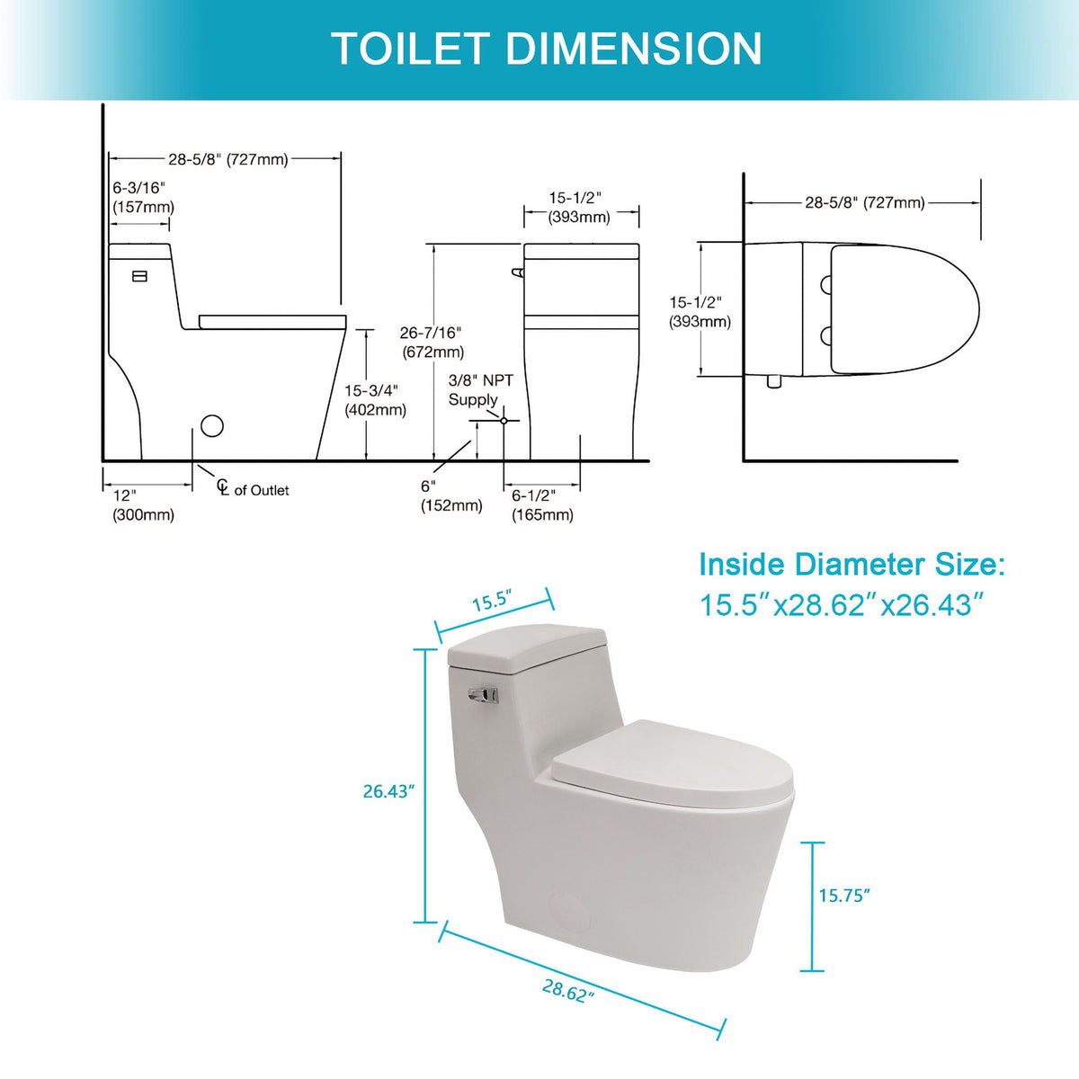 1 Piece Toilet With Soft Closing Seat - White