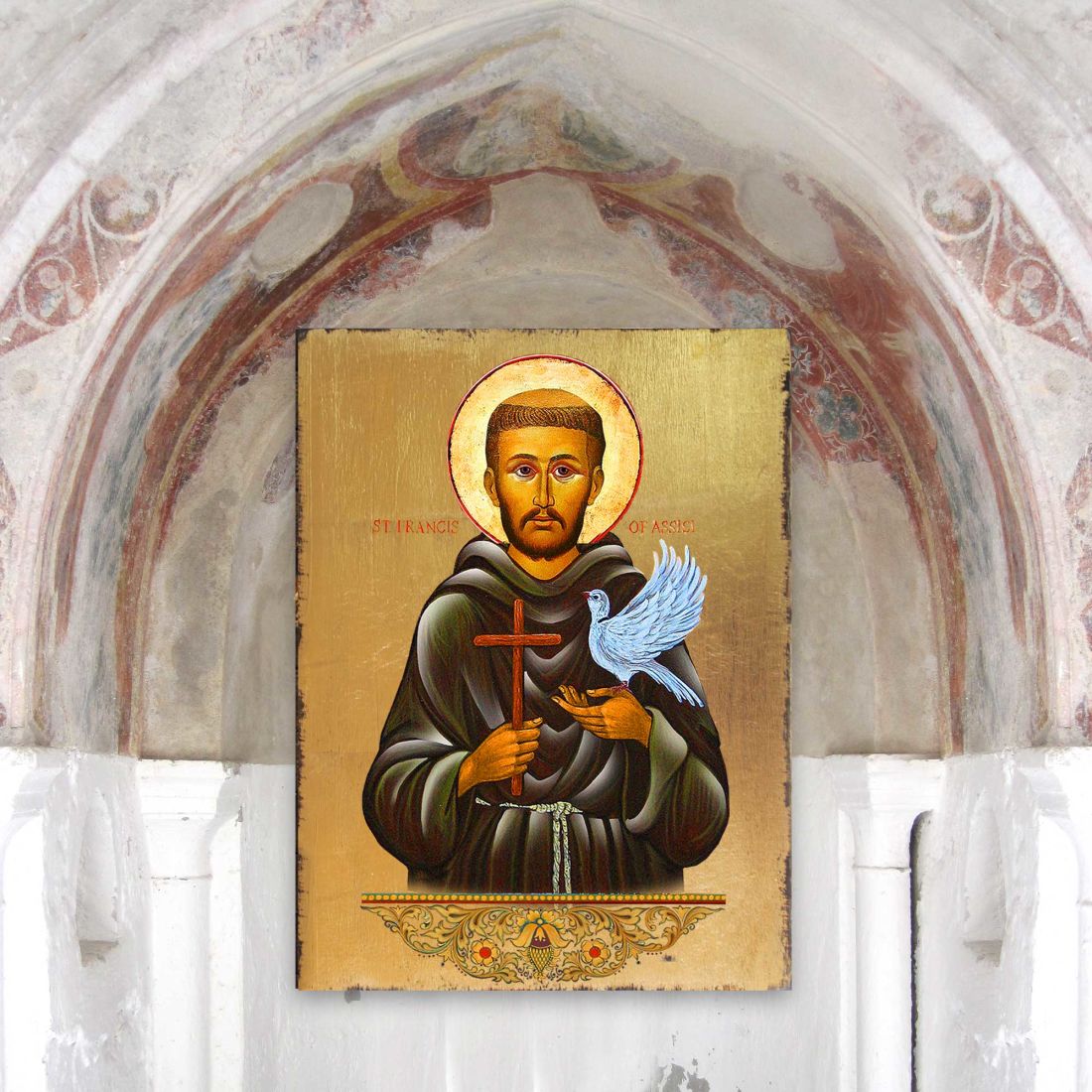 Saint Francis Wooden Gold Plated Religious Christian Sacred Icon - Inspirational Icon Decor - 85024