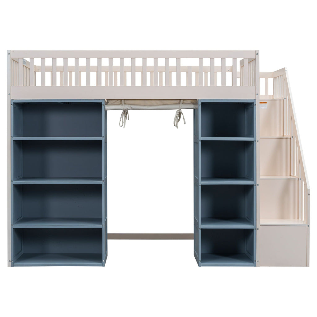 Full Size Loft Bed With 2 Four Layer Storage Cabinets And Curtain With Built In Staircase And Privacy Curtain - White