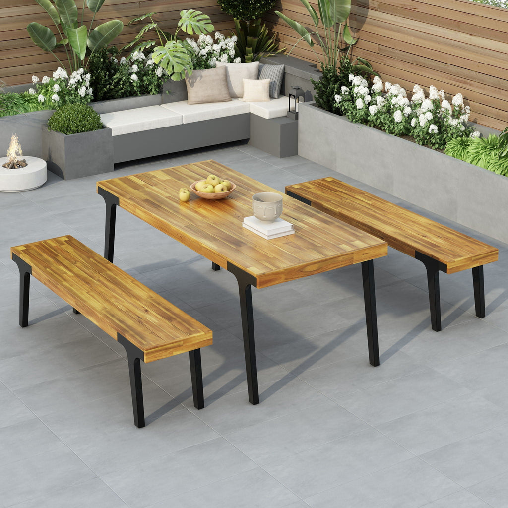 1 Dining Table & 2 Dining Benches - Light Teak