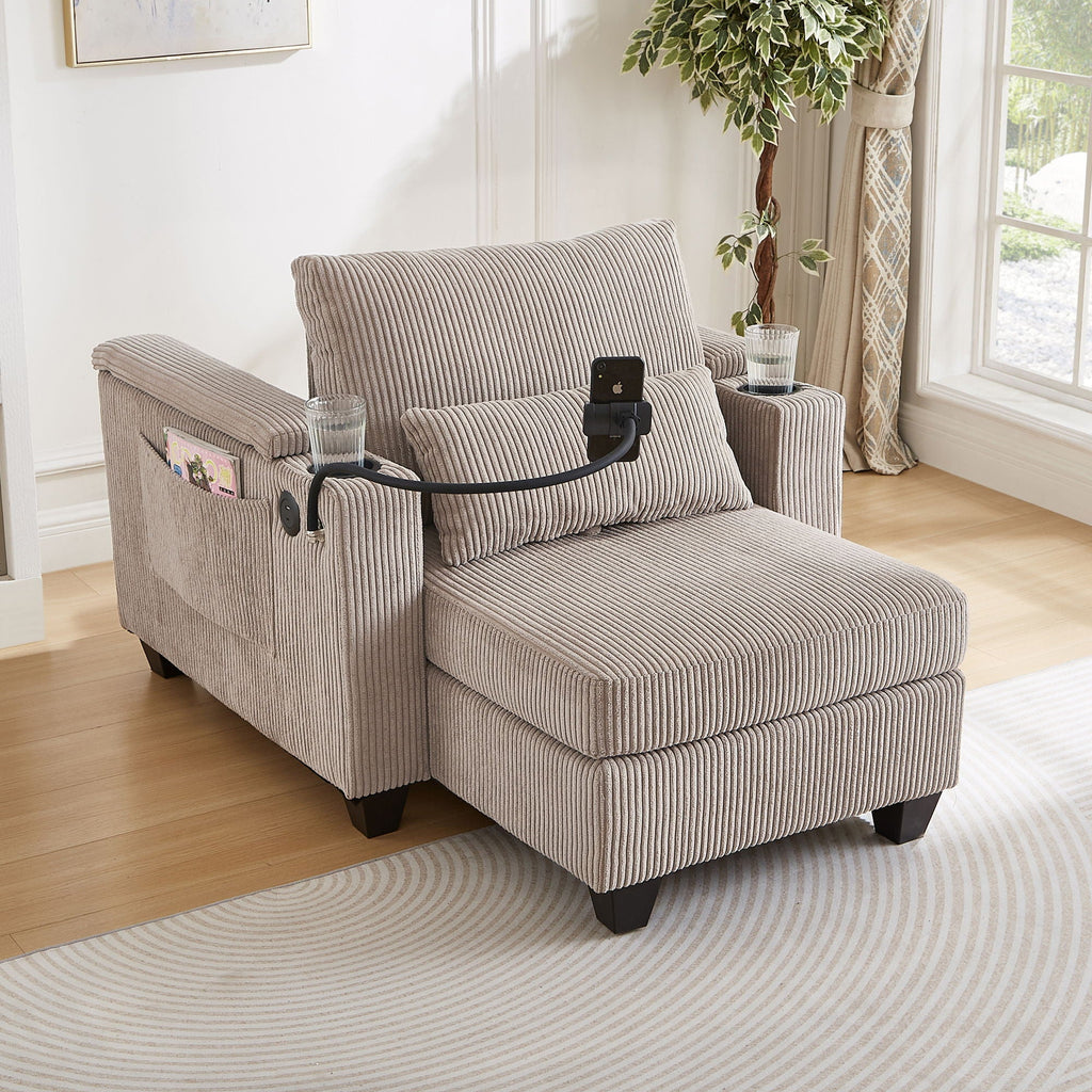 Convertible Chaise Lounge Sofa Chair With USB Ports, Cup Holders, Phone Holder And Storage