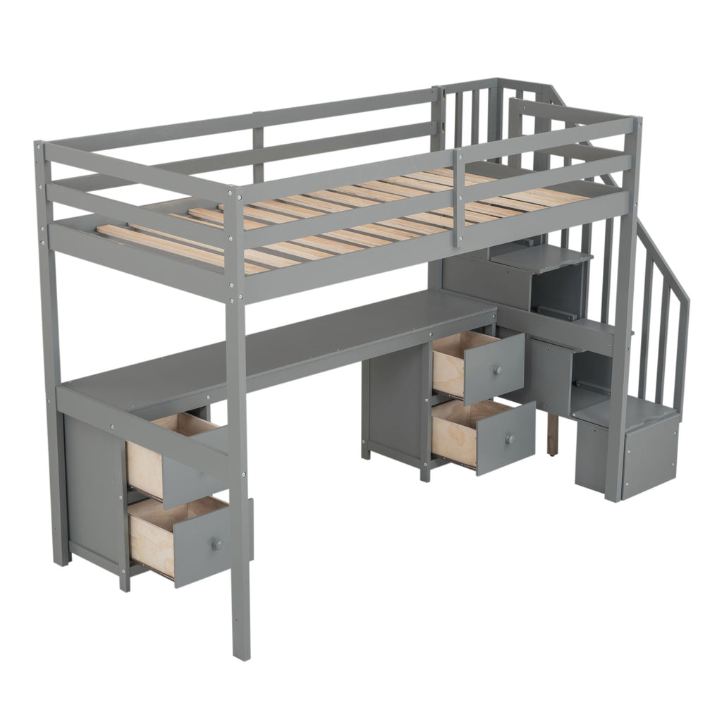 Loft Bed Frame With Built In Desk And Double Storage Drawers