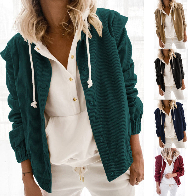 Solid-color Corduroy Cardigan A Casual Relaxed-fit Long-sleeve Jacket With A Lapel Collar