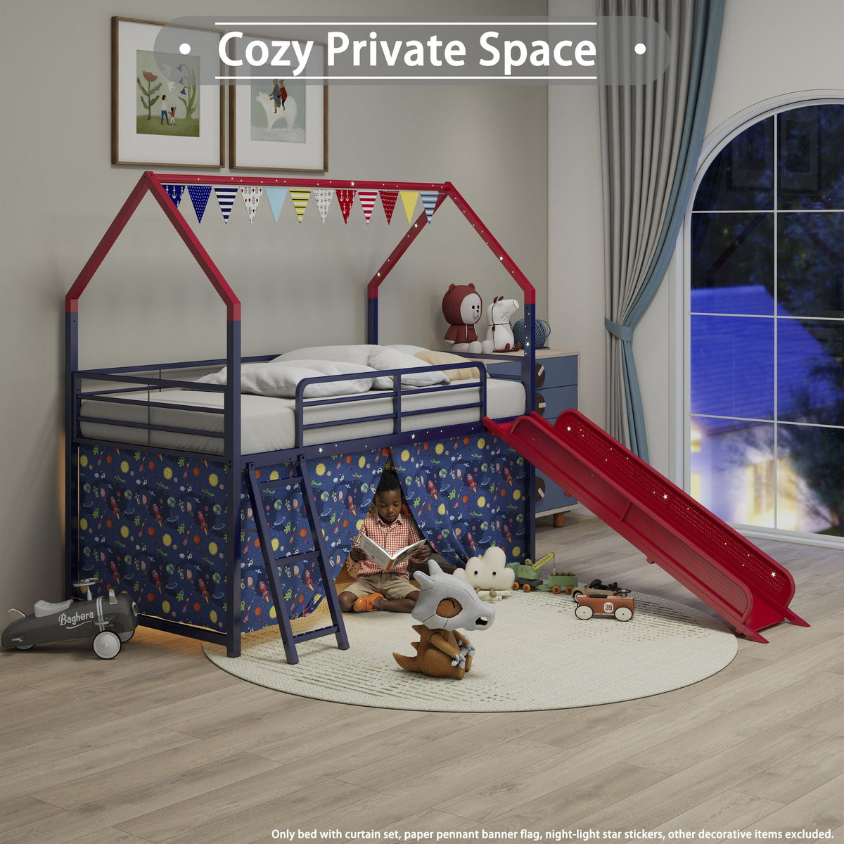 Jack - House Loft Bed With Slide And Curtain Set