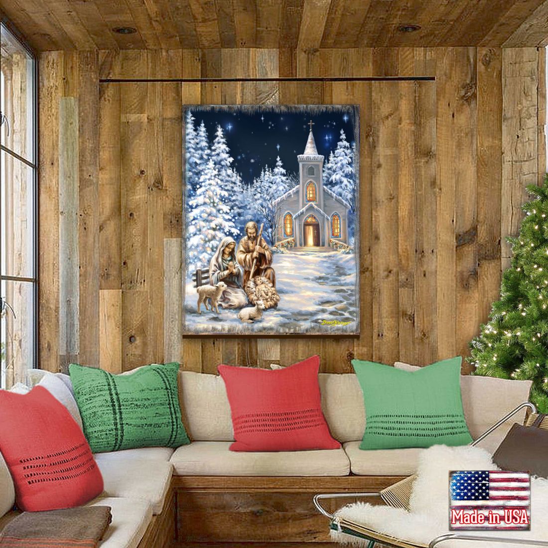 Nativity at the Chapel Night Sky Wooden Wall Art by D. Gelsinger - Nativity Holiday Decor - 95672B-DG