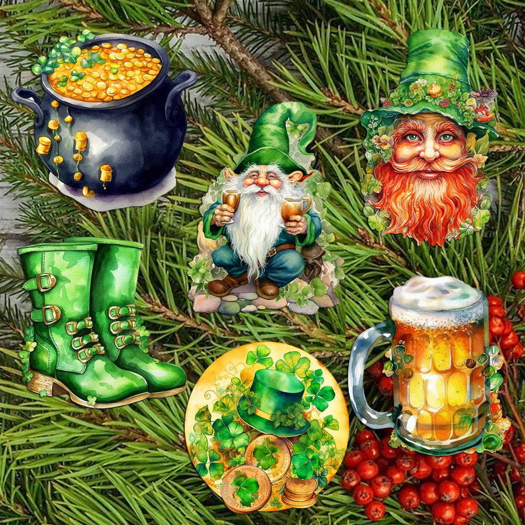 St. Patrick Day Clip-On Eco Wood Decorative Ornaments Set of 6 by G. Debrekht - St. Patrick Day Decor - 8090058C-S6