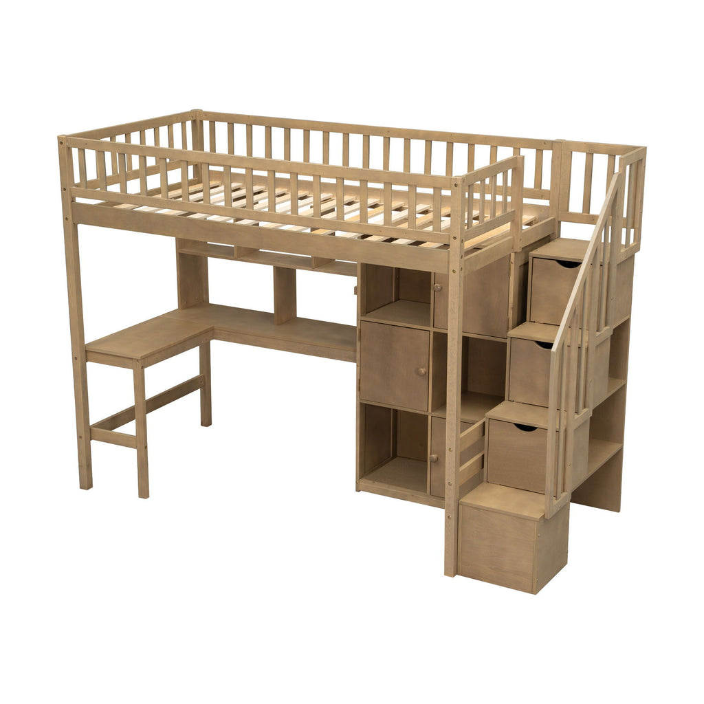 Loft Bed With Built In L Shaped Desk, LED Lights, Storage Shelves, Cabinets, And Staircase
