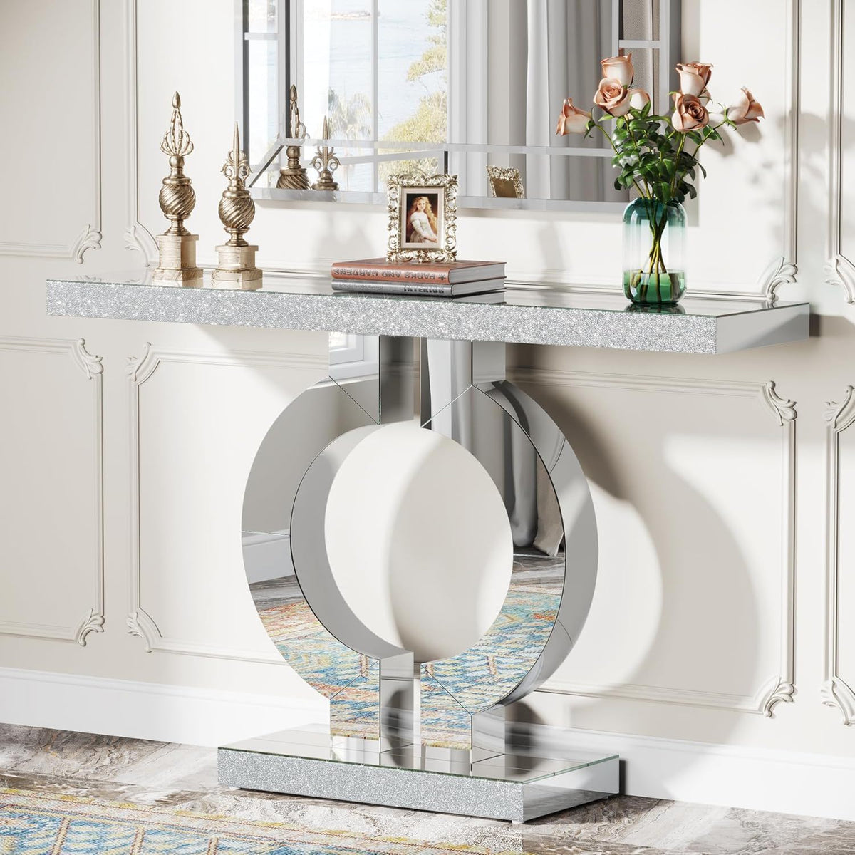 Mirrored Console Table With O-Shaped Base For Living Hallway - Silver / Clear